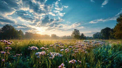 Sunrise over a field with flowers and trees in the background at early morning