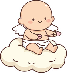 Adorable Cupid Baby Angel Sitting on a Cloud Holding a Bow and Arrow, Symbolizing Love and Romance
