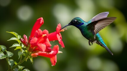 Obraz premium Tiny hummingbird drinks nectar from vibrant red flower in lush green garden