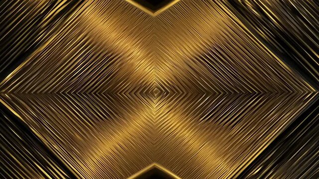 A dynamic abstract gold pattern with symmetrical lines and reflections. High-resolution video with shimmering golden textures and intricate geometric design. 4k Video footage.