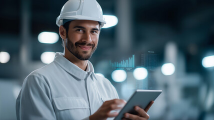 A Korean safety engineer reviews digital reports while wearing protective gear in a factory Generative AI