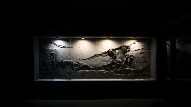 unearthing. Museum diorama of a newly discovered dinosaur skeleton silhouette in stone. STEM education sheets, lab safety posters, designed for biotech research communications.