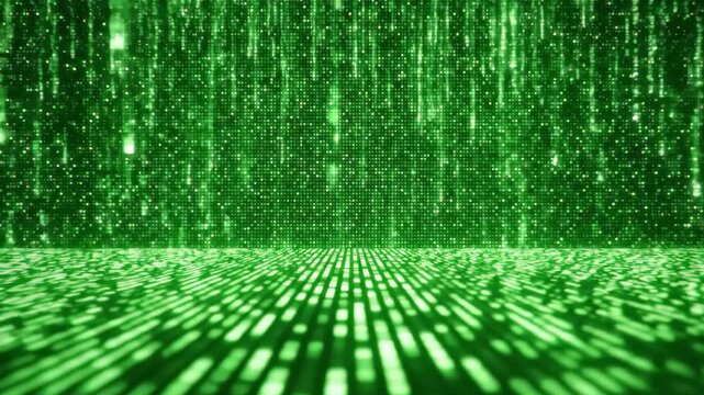Abstract green digital matrix code falling background with glowing particles and floor effect