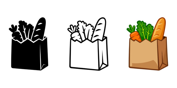 Illustrated grocery bag icon set featuring fresh produce and a baguette for food shopping and delivery