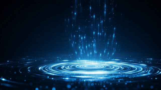 Blue glowing circular pattern with ripples and falling particles on dark background.