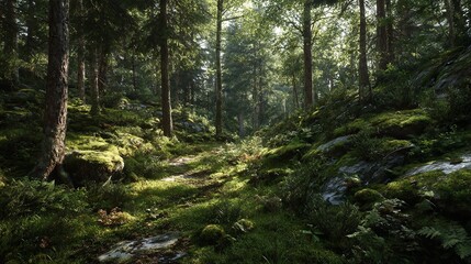 Obraz premium Beautiful and peaceful forest with green moss covering