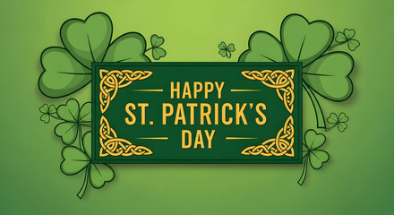 Happy St. Patrick's Day Sign Surrounded by Festive Green Leaves and Celtic Knotwork