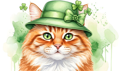 Happy St. Patrick's Day Whimsical watercolor illustration of an orange cat wearing a green St. Patrick's Day hat