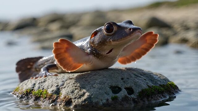 Mudskipper resting near mangrove pool and blinking slowly with minor fin twitching