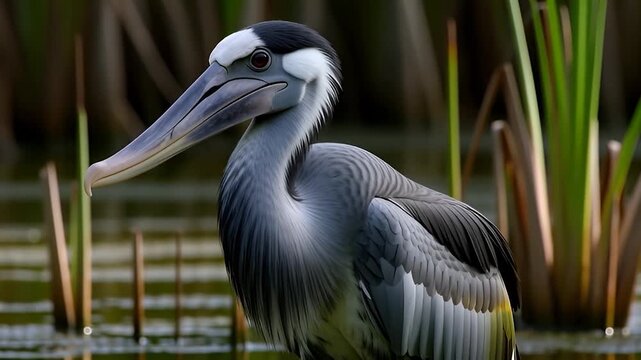 Shoebill standing motionless in the swamp and rotating its head slowly among reeds