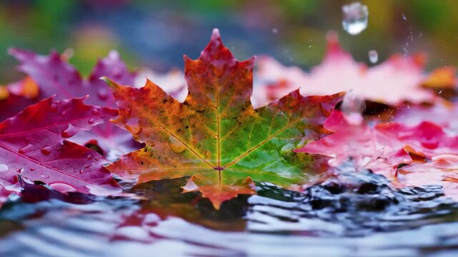 Vibrant autumn maple leaf splashing in water with raindrops