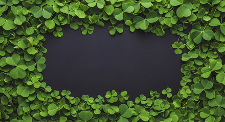 Happy St. Patrick's Day Green clover shamrock leaves forming a natural frame around a dark empty space for text