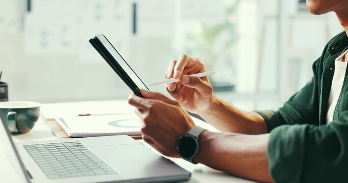 Person, hands and writing in office with tablet, laptop and idea planning for web design company. Digital designer, man and creativity in workplace with tech, site testing and stylus for project.