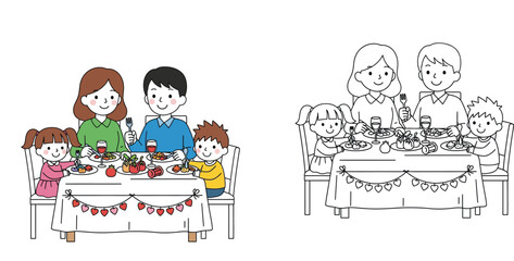 Happy family eating dinner together vector illustration with coloring page outline