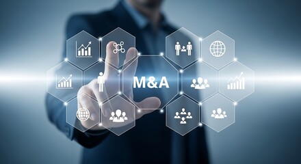 Digital Business Executive Touching Virtual M&A Screen, Illustrating Corporate Strategy, Growth, and Global Market Expansion.