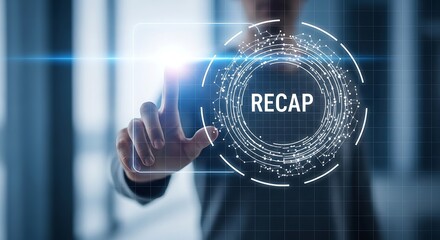 Professional Hand Interacting with Digital Recap Interface, Showcasing Business Overview, Data Insights, and Strategic Review.
