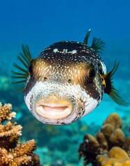A large pufferfish swimming near coral reefs underwater