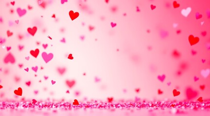 Bright red and pink hearts fall on a soft background during a celebration of love and joy