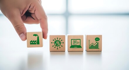 Hand Arranging Wooden Blocks with Industrial Factory, Global Network, Technology, and Business Growth Icons for Economic Development.