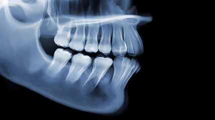 maxillary. An X-ray film showing the bone outline of the maxillary region against a black background. STEM education sheets, lab safety posters, designed for biotech research communications.