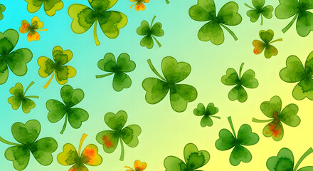 Happy St. Patrick's Day Watercolor St. Patrick's Day background with scattered green shamrocks and a color gradient