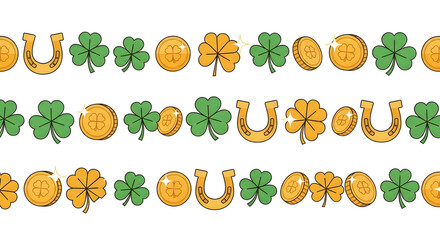 Happy St. Patrick's Day St. Patrick's Day decorative border with gold horseshoes, coins, and green shamrocks
