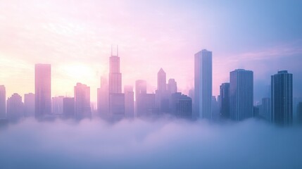 Fototapeta premium Skyline Of Tall Buildings Emerging Through Dense Morning Fog With Soft Pink Sunlight cityscape skyscrapers