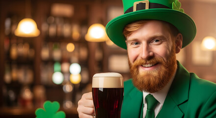 Happy St. Patrick's Day Smiling redhead man in green suit and hat, holding a pint of dark beer in a pub