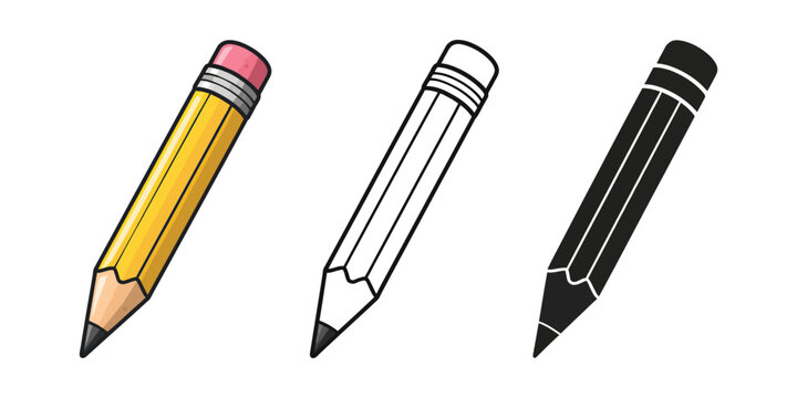 Hand drawn color, outline and silhouette pencil set featuring erasers and sharpened tips for education and creativity