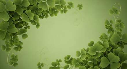 Happy St. Patrick's Day St. Patrick's Day Background with Lush Green Shamrocks and Clover Leaves Forming a Decorative Border and Swirling Vines on a Gradient Green Backdrop with Copy Space.
