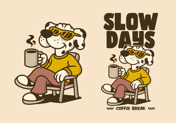 Cartoon dog wearing sunglasses, sitting on a chair, holding a coffee mug