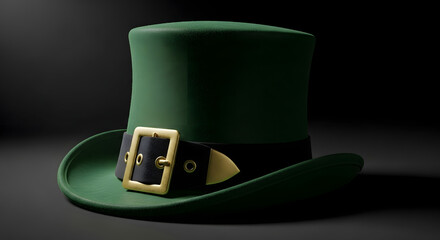Happy St. Patrick's Day St. Patrick's Day Green Leprechaun Top Hat with Gold Buckle and Black Band Isolated on a Dark Background, Featuring Elegant Studio Lighting and a Mysterious Shadow.