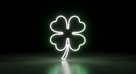 Happy St. Patrick's Day Glowing White and Green Neon Four-Leaf Clover Sign on a Reflective Surface Against a Dark Black Background, Symbolizing Luck and Fortune for St. Patrick's Day.