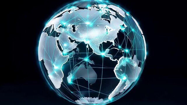  Close‑up of a transparent 3D globe rotating slowly while glowing connection lines appear between cities