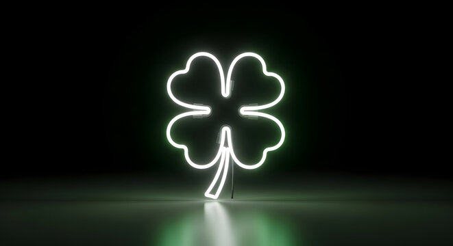 Happy St. Patrick's Day Glowing White and Green Neon Four-Leaf Clover Sign on a Reflective Surface Against a Dark Black Background, Symbolizing Luck and Fortune for St. Patrick's Day.