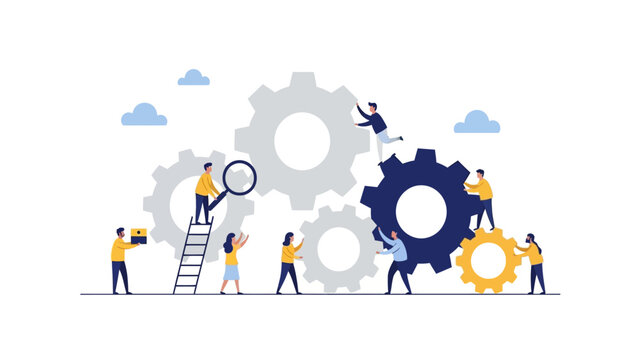 Teamwork concept with tiny people collaborating on giant gears and cogs