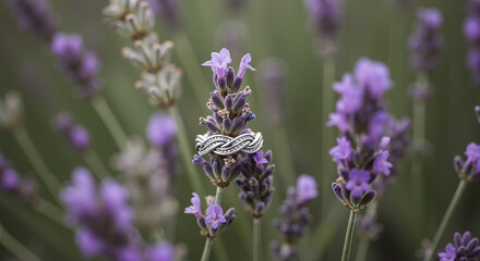 Fototapeta premium Silver ring resting among blooming lavender flowers in garden 