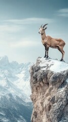 Obraz premium Mountain Goat Stands Proudly On Steep Snowy Cliff
