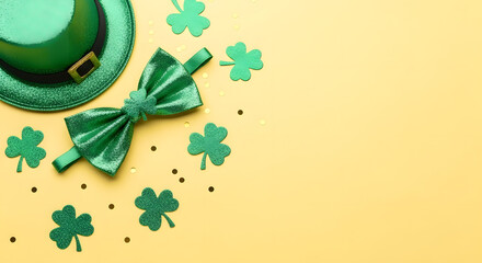 Happy St. Patrick's Day Festive St. Patrick's Day Flat Lay Composition with Green Glitter Hat, Bow Tie, Shamrocks, and Gold Confetti Scattered on a Bright Yellow Background.