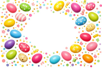 Colorful decorated easter eggs arranged in a heart shape with a blank center surrounded by small confetti pieces object on white and png
