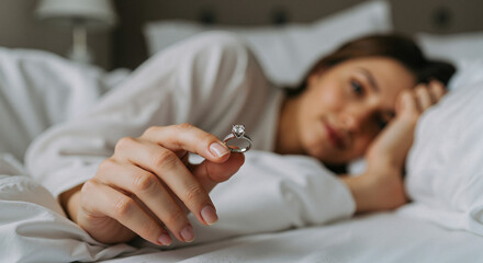 Obraz premium Woman holding engagement ring while lying in bed with thoughtful expression 