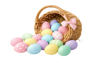 Colorful pastel easter eggs spilling out of a woven wicker basket with a pink bow on a white background alpha channel with white background