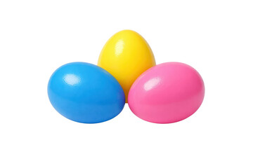 Three colorful eggs in blue yellow and pink arranged in a triangular formation on a plain white background and png