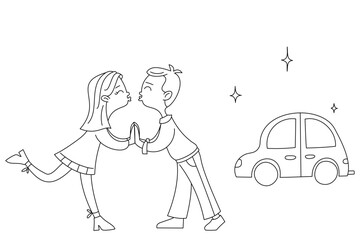 Line art of a young couple enjoying their new car purchase