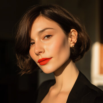 French bob bob haircut short hair brunette woman portrait red lipstick in warm sunlight, elegant makeup, studio fashion look