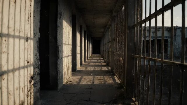 An empty jail hallway with strong shadows and decaying walls