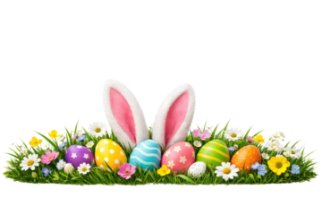 Easter themed decoration featuring colorful eggs and bunny ears surrounded by green grass and flowers on white and transparent