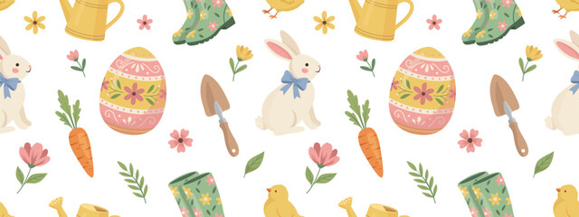 Cute Easter and Spring seamless pattern. Vector background with bunny, egg, chick and gardening tools © Tamila