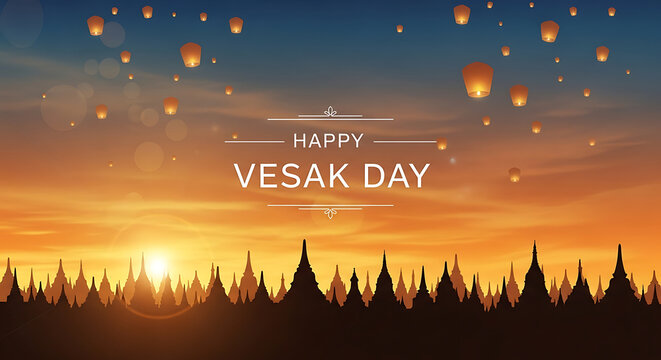 Happy Vesak Day Evening Temple Skyline with Sky Lanterns