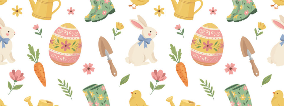 Cute Easter and Spring seamless pattern. Vector background with bunny, egg, chick and gardening tools